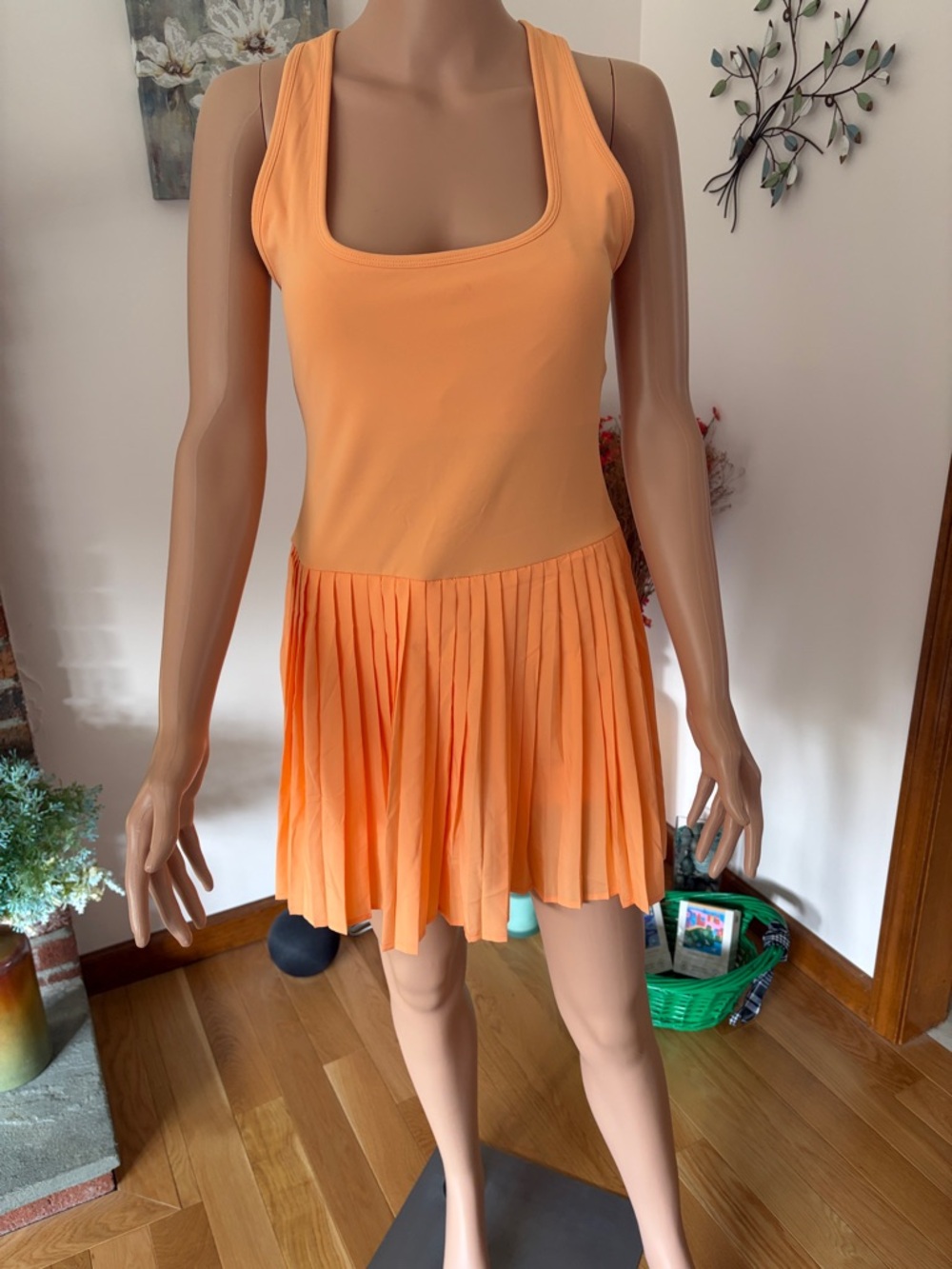 Fabletics Orange Sleeveless Pleated Tennis Dress With Built In shorts and pocket